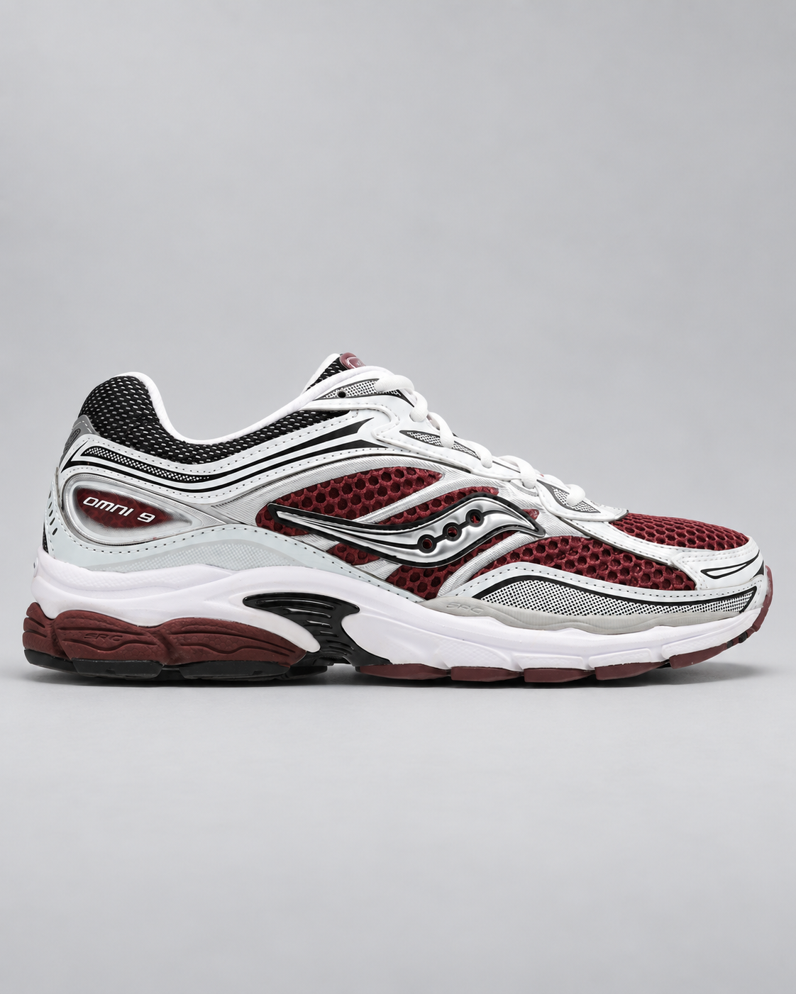 Saucony ProGrid Omni 9 Burgundy/White (Maroon White), lateral view on a light grey studio background
