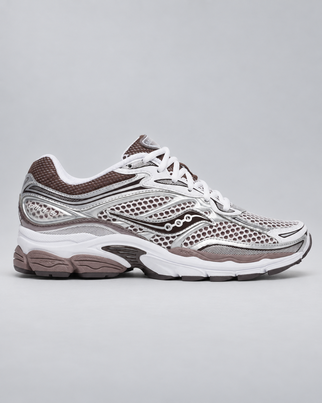 Saucony ProGrid Omni 9 White/Brown, lateral view on a light grey studio background