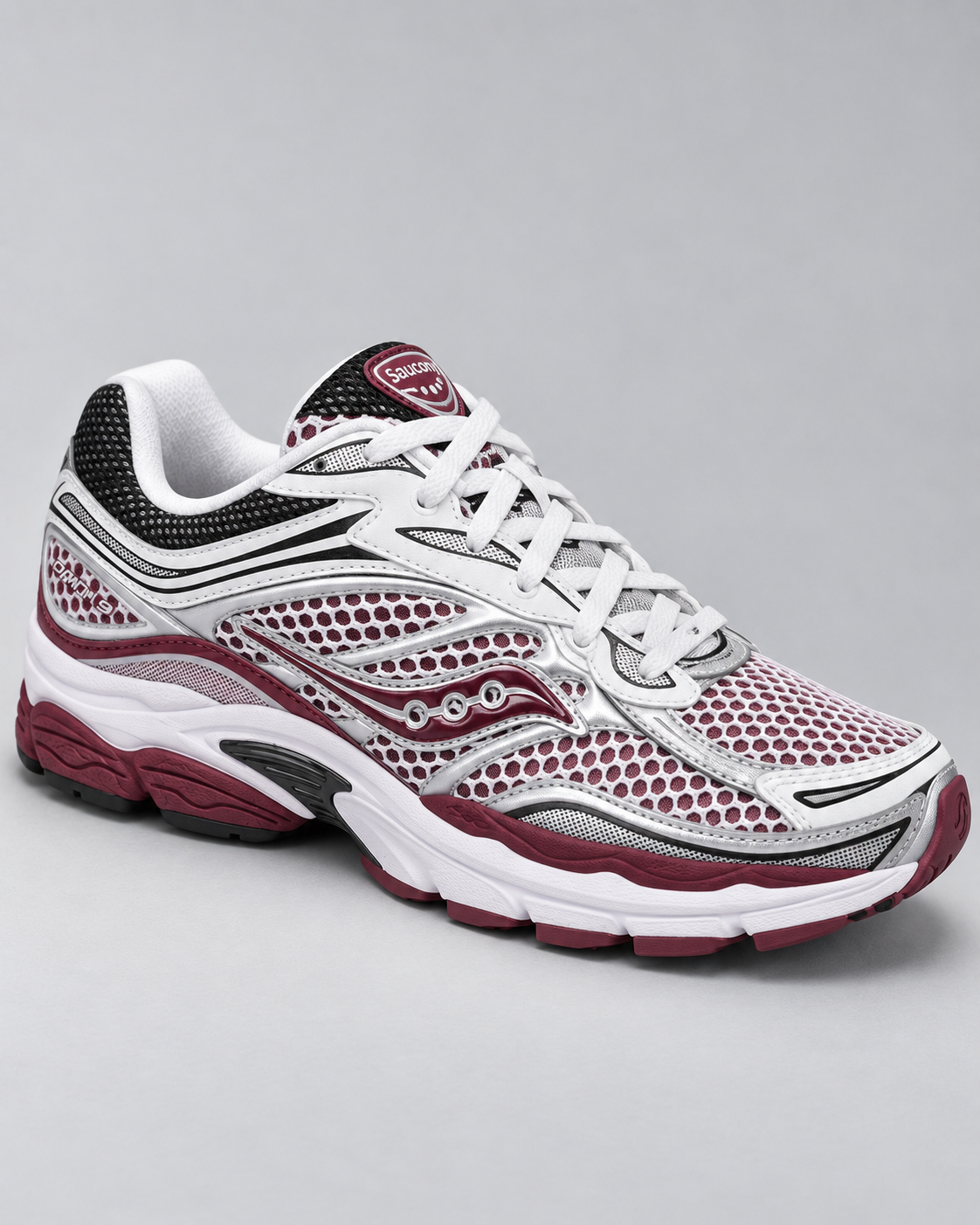 Saucony ProGrid Omni 9 - Burgundy/White — studio product photo