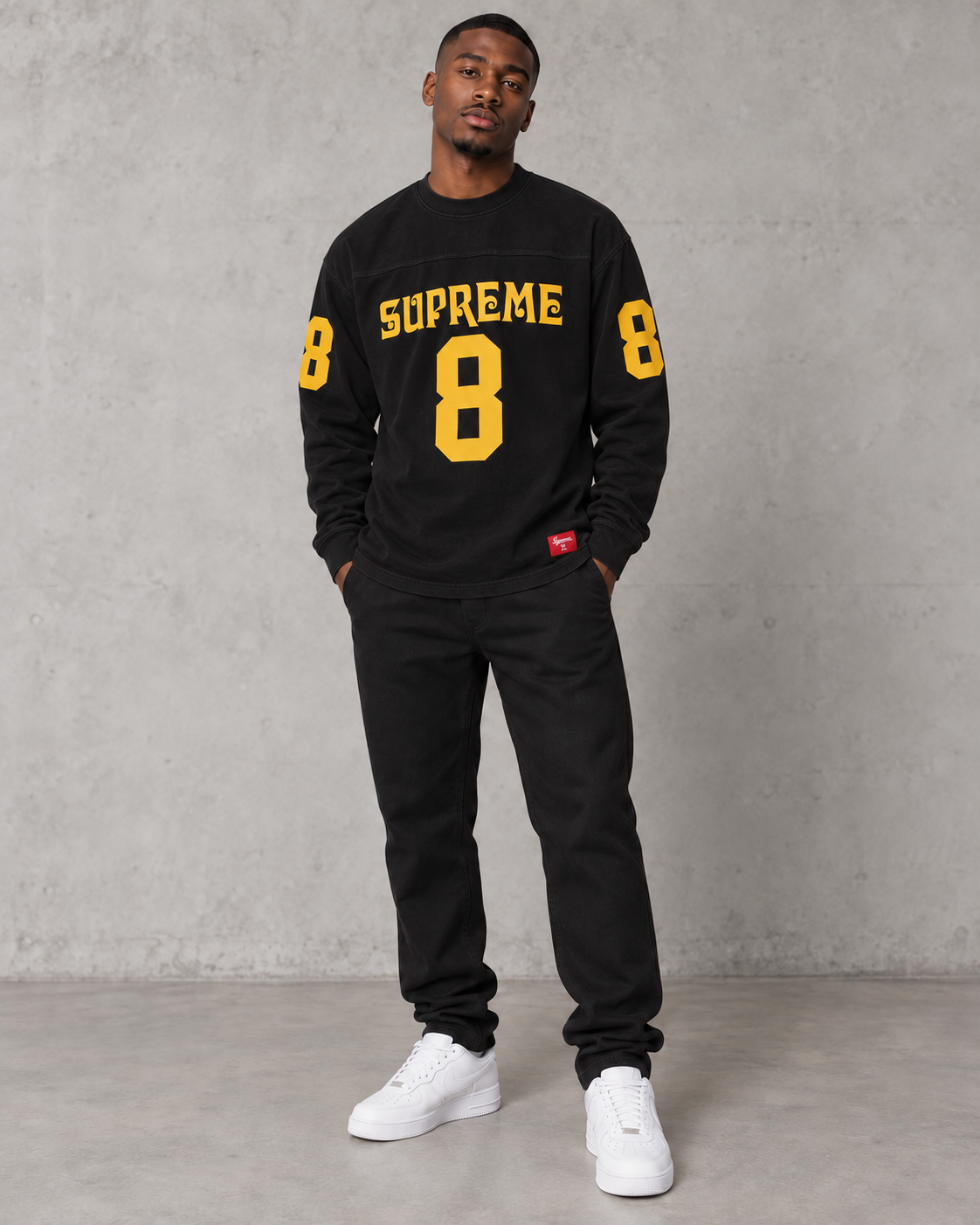 Supreme Affiliated Long Sleeve 8 Black/Yellow — model wearing the product